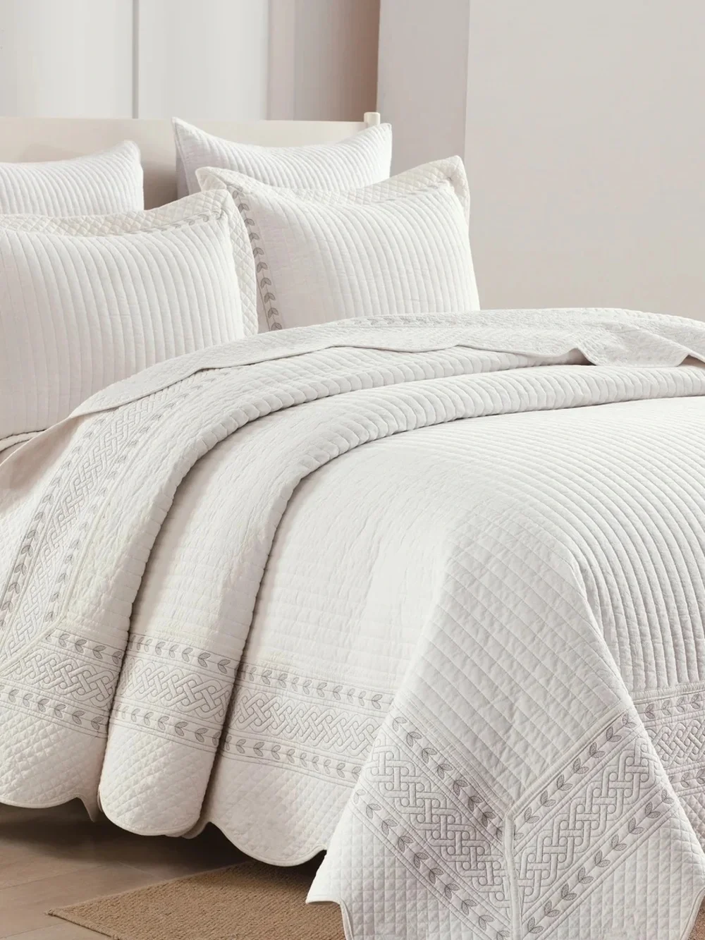 3 PIECE 100% COTTON WHITE STRIPE QUILT SET – CLASSIC EMBROIDERED BEDSPREAD